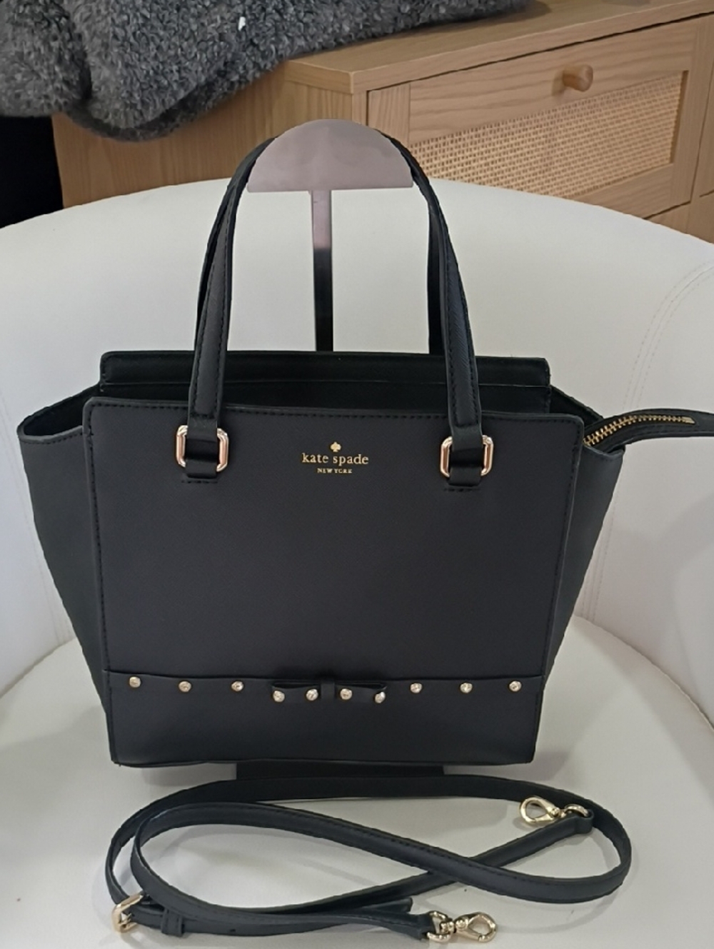 Kate Spade Black Satchel with Gold Studs and Crossbody Strap